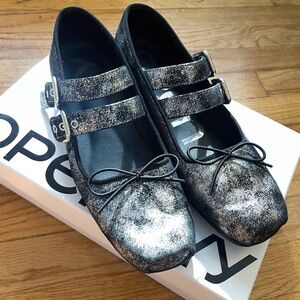 Open YY / The Open Product Metallic Black and White Mary Jane Ballet Flats
